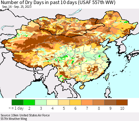 China, Mongolia and Taiwan Number of Dry Days in past 10 days (USAF 557th WW) Thematic Map For 9/21/2023 - 9/25/2023