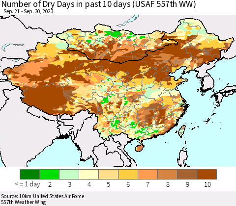 China, Mongolia and Taiwan Number of Dry Days in past 10 days (USAF 557th WW) Thematic Map For 9/26/2023 - 9/30/2023