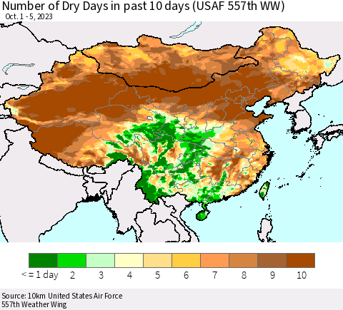 China, Mongolia and Taiwan Number of Dry Days in past 10 days (USAF 557th WW) Thematic Map For 10/1/2023 - 10/5/2023