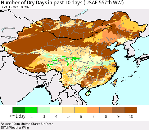 China, Mongolia and Taiwan Number of Dry Days in past 10 days (USAF 557th WW) Thematic Map For 10/6/2023 - 10/10/2023