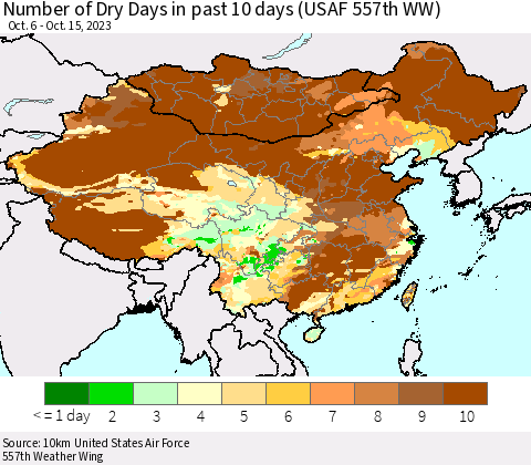 China, Mongolia and Taiwan Number of Dry Days in past 10 days (USAF 557th WW) Thematic Map For 10/11/2023 - 10/15/2023