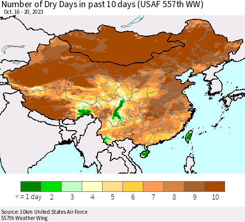 China, Mongolia and Taiwan Number of Dry Days in past 10 days (USAF 557th WW) Thematic Map For 10/16/2023 - 10/20/2023