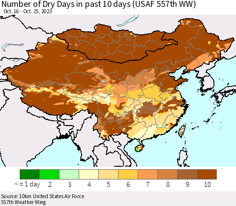 China, Mongolia and Taiwan Number of Dry Days in past 10 days (USAF 557th WW) Thematic Map For 10/21/2023 - 10/25/2023