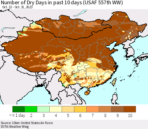 China, Mongolia and Taiwan Number of Dry Days in past 10 days (USAF 557th WW) Thematic Map For 10/26/2023 - 10/31/2023