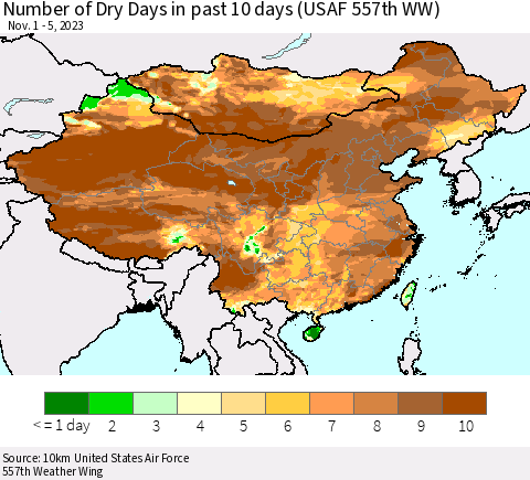 China, Mongolia and Taiwan Number of Dry Days in past 10 days (USAF 557th WW) Thematic Map For 11/1/2023 - 11/5/2023