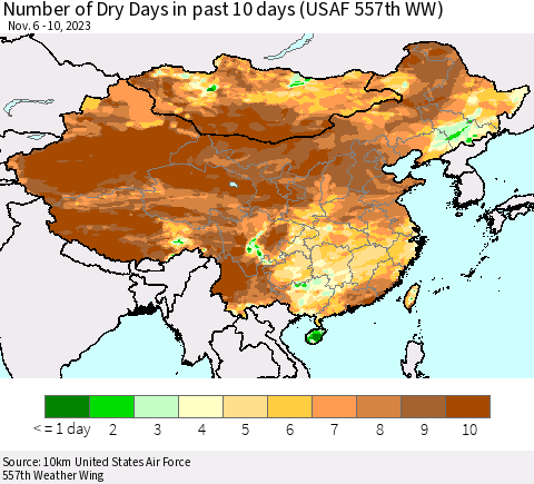 China, Mongolia and Taiwan Number of Dry Days in past 10 days (USAF 557th WW) Thematic Map For 11/6/2023 - 11/10/2023