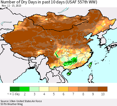 China, Mongolia and Taiwan Number of Dry Days in past 10 days (USAF 557th WW) Thematic Map For 11/11/2023 - 11/15/2023