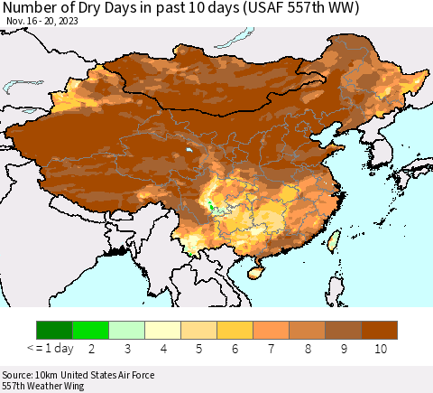 China, Mongolia and Taiwan Number of Dry Days in past 10 days (USAF 557th WW) Thematic Map For 11/16/2023 - 11/20/2023
