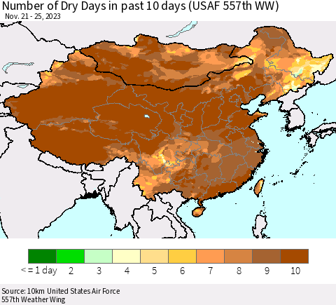China, Mongolia and Taiwan Number of Dry Days in past 10 days (USAF 557th WW) Thematic Map For 11/21/2023 - 11/25/2023