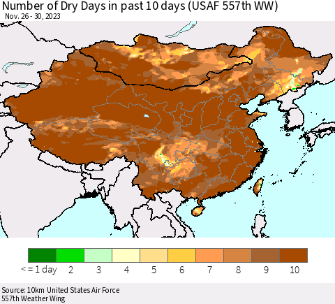 China, Mongolia and Taiwan Number of Dry Days in past 10 days (USAF 557th WW) Thematic Map For 11/26/2023 - 11/30/2023