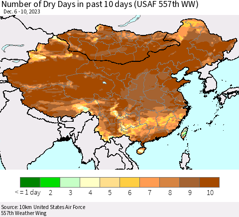 China, Mongolia and Taiwan Number of Dry Days in past 10 days (USAF 557th WW) Thematic Map For 12/6/2023 - 12/10/2023