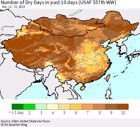 China, Mongolia and Taiwan Number of Dry Days in past 10 days (USAF 557th WW) Thematic Map For 12/11/2023 - 12/15/2023