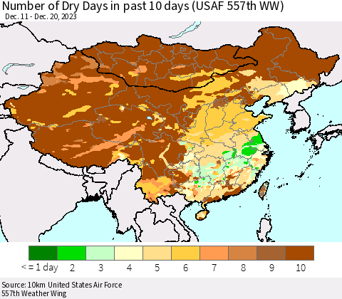 China, Mongolia and Taiwan Number of Dry Days in past 10 days (USAF 557th WW) Thematic Map For 12/16/2023 - 12/20/2023