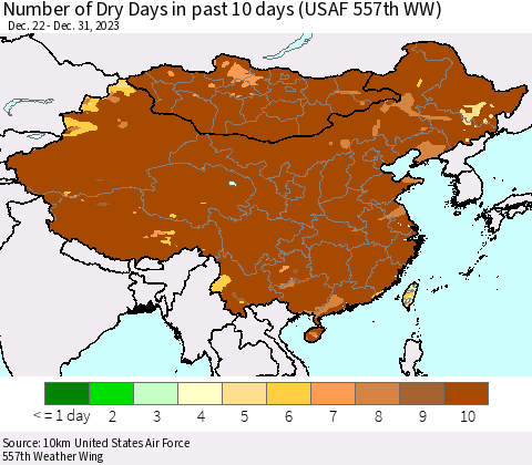 China, Mongolia and Taiwan Number of Dry Days in past 10 days (USAF 557th WW) Thematic Map For 12/26/2023 - 12/31/2023