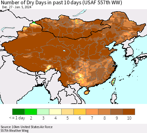 China, Mongolia and Taiwan Number of Dry Days in past 10 days (USAF 557th WW) Thematic Map For 1/1/2024 - 1/5/2024