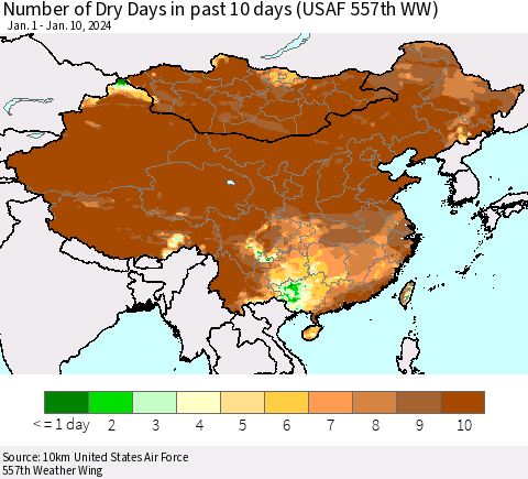 China, Mongolia and Taiwan Number of Dry Days in past 10 days (USAF 557th WW) Thematic Map For 1/6/2024 - 1/10/2024
