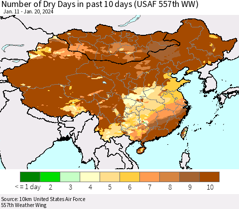 China, Mongolia and Taiwan Number of Dry Days in past 10 days (USAF 557th WW) Thematic Map For 1/16/2024 - 1/20/2024