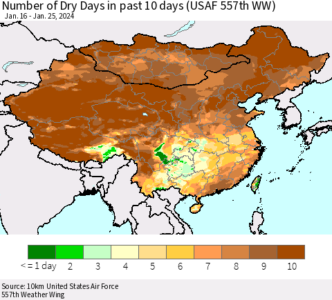 China, Mongolia and Taiwan Number of Dry Days in past 10 days (USAF 557th WW) Thematic Map For 1/21/2024 - 1/25/2024
