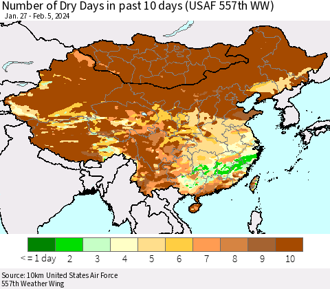 China, Mongolia and Taiwan Number of Dry Days in past 10 days (USAF 557th WW) Thematic Map For 2/1/2024 - 2/5/2024