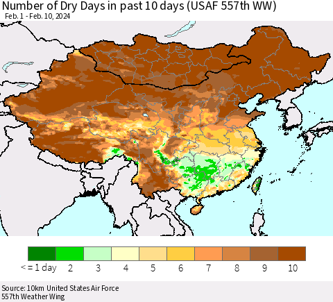China, Mongolia and Taiwan Number of Dry Days in past 10 days (USAF 557th WW) Thematic Map For 2/6/2024 - 2/10/2024