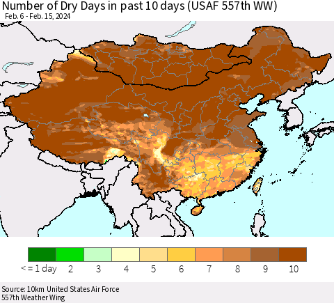 China, Mongolia and Taiwan Number of Dry Days in past 10 days (USAF 557th WW) Thematic Map For 2/11/2024 - 2/15/2024