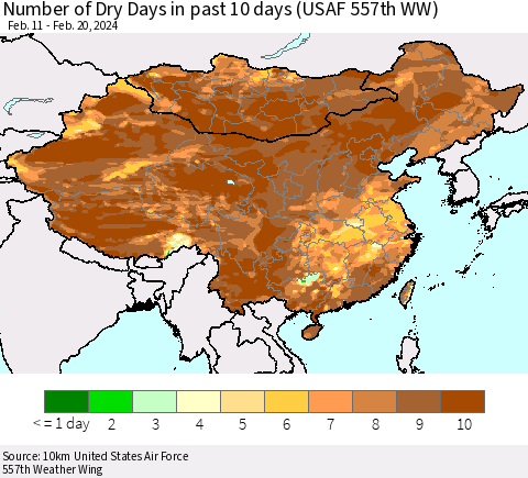 China, Mongolia and Taiwan Number of Dry Days in past 10 days (USAF 557th WW) Thematic Map For 2/16/2024 - 2/20/2024