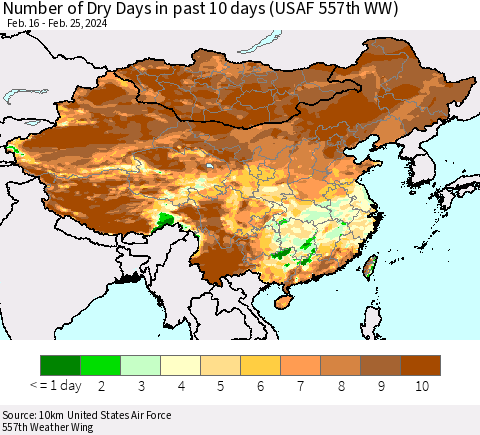 China, Mongolia and Taiwan Number of Dry Days in past 10 days (USAF 557th WW) Thematic Map For 2/21/2024 - 2/25/2024