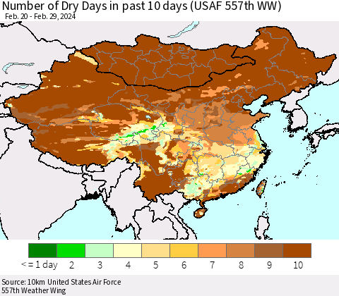 China, Mongolia and Taiwan Number of Dry Days in past 10 days (USAF 557th WW) Thematic Map For 2/26/2024 - 2/29/2024