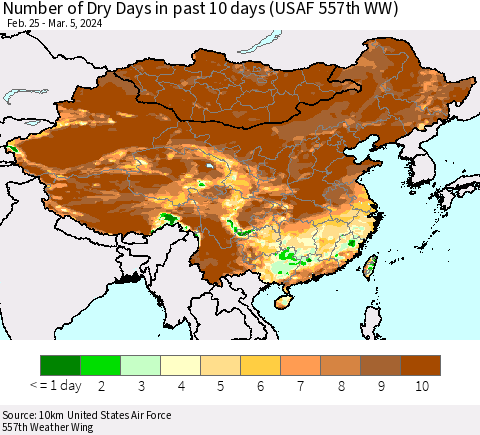 China, Mongolia and Taiwan Number of Dry Days in past 10 days (USAF 557th WW) Thematic Map For 3/1/2024 - 3/5/2024