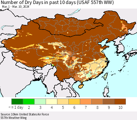 China, Mongolia and Taiwan Number of Dry Days in past 10 days (USAF 557th WW) Thematic Map For 3/6/2024 - 3/10/2024