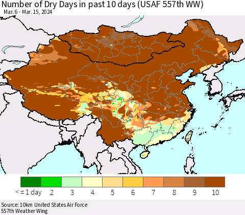 China, Mongolia and Taiwan Number of Dry Days in past 10 days (USAF 557th WW) Thematic Map For 3/11/2024 - 3/15/2024