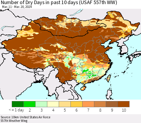 China, Mongolia and Taiwan Number of Dry Days in past 10 days (USAF 557th WW) Thematic Map For 3/16/2024 - 3/20/2024