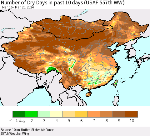 China, Mongolia and Taiwan Number of Dry Days in past 10 days (USAF 557th WW) Thematic Map For 3/21/2024 - 3/25/2024