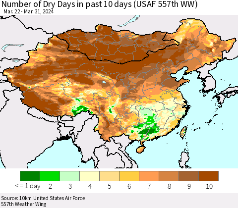 China, Mongolia and Taiwan Number of Dry Days in past 10 days (USAF 557th WW) Thematic Map For 3/26/2024 - 3/31/2024