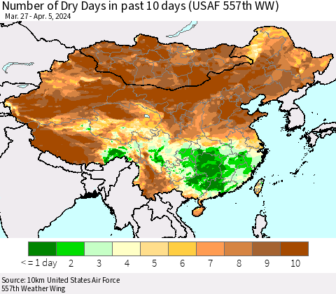 China, Mongolia and Taiwan Number of Dry Days in past 10 days (USAF 557th WW) Thematic Map For 4/1/2024 - 4/5/2024