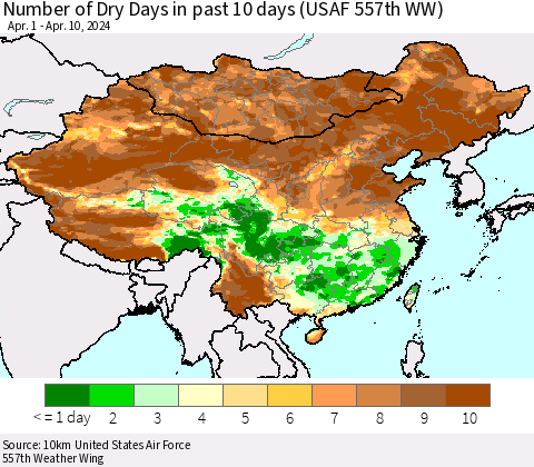 China, Mongolia and Taiwan Number of Dry Days in past 10 days (USAF 557th WW) Thematic Map For 4/6/2024 - 4/10/2024