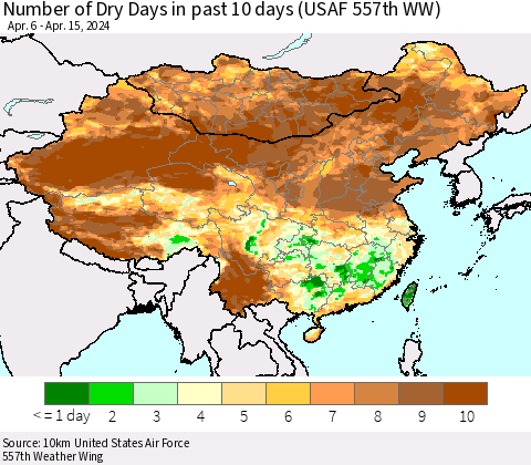China, Mongolia and Taiwan Number of Dry Days in past 10 days (USAF 557th WW) Thematic Map For 4/11/2024 - 4/15/2024