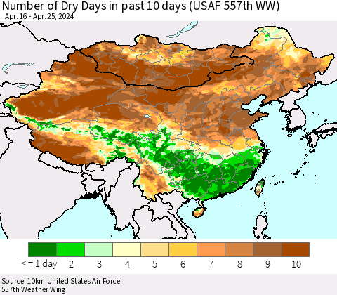 China, Mongolia and Taiwan Number of Dry Days in past 10 days (USAF 557th WW) Thematic Map For 4/21/2024 - 4/25/2024