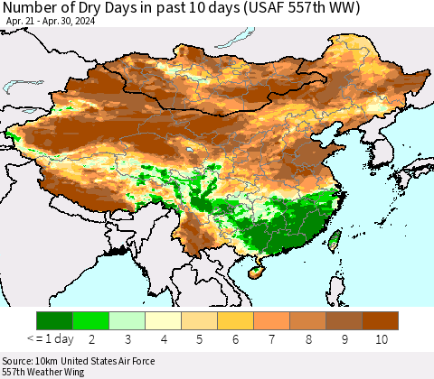 China, Mongolia and Taiwan Number of Dry Days in past 10 days (USAF 557th WW) Thematic Map For 4/26/2024 - 4/30/2024