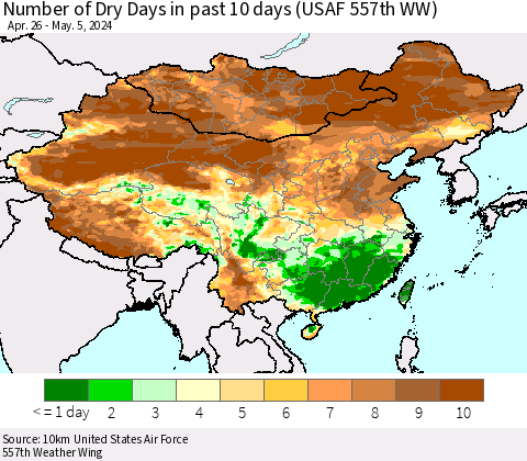 China, Mongolia and Taiwan Number of Dry Days in past 10 days (USAF 557th WW) Thematic Map For 5/1/2024 - 5/5/2024