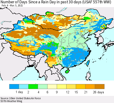 China, Mongolia and Taiwan Number of Days Since a Rain Day in past 30 days (USAF 557th WW) Thematic Map For 3/1/2021 - 3/5/2021