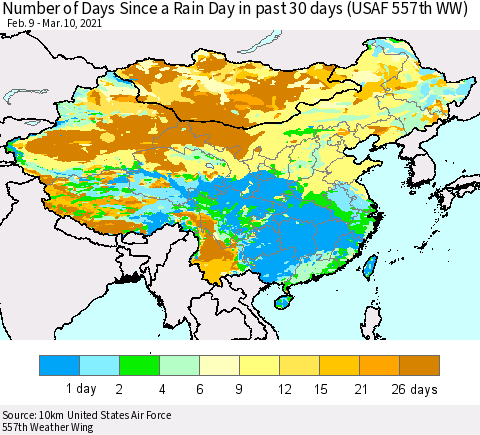 China, Mongolia and Taiwan Number of Days Since a Rain Day in past 30 days (USAF 557th WW) Thematic Map For 3/6/2021 - 3/10/2021