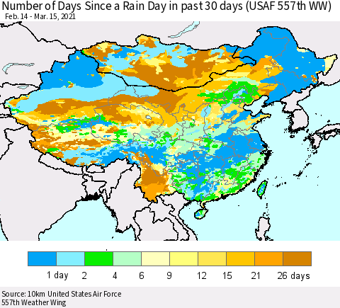 China, Mongolia and Taiwan Number of Days Since a Rain Day in past 30 days (USAF 557th WW) Thematic Map For 3/11/2021 - 3/15/2021