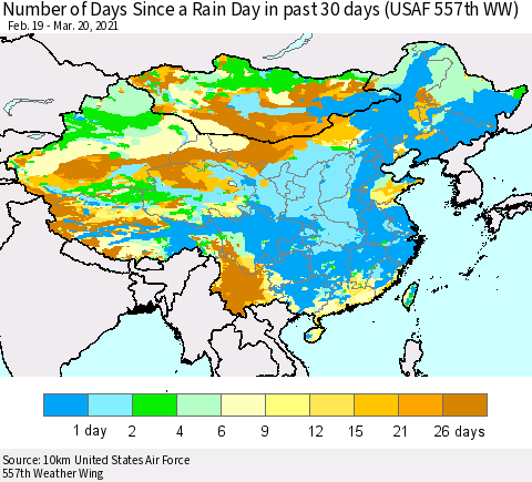 China, Mongolia and Taiwan Number of Days Since a Rain Day in past 30 days (USAF 557th WW) Thematic Map For 3/16/2021 - 3/20/2021