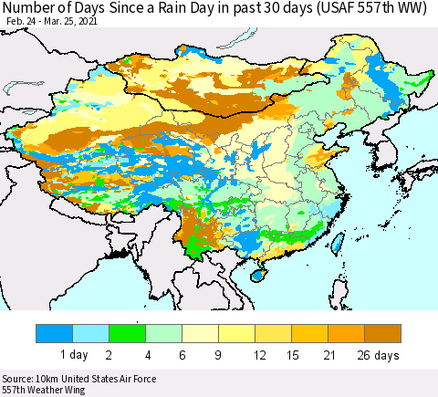China, Mongolia and Taiwan Number of Days Since a Rain Day in past 30 days (USAF 557th WW) Thematic Map For 3/21/2021 - 3/25/2021