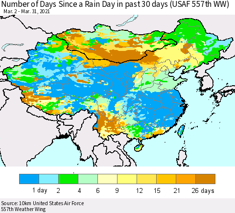 China, Mongolia and Taiwan Number of Days Since a Rain Day in past 30 days (USAF 557th WW) Thematic Map For 3/26/2021 - 3/31/2021