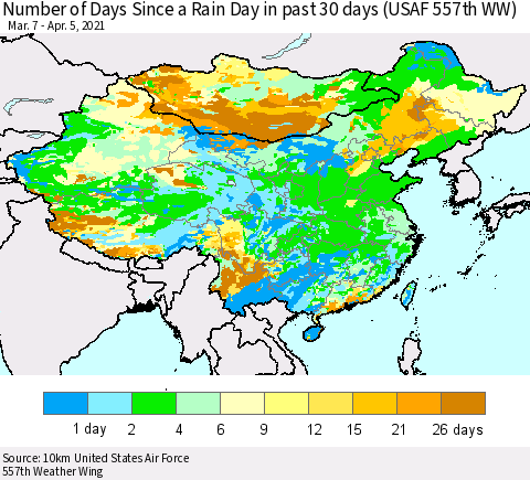 China, Mongolia and Taiwan Number of Days Since a Rain Day in past 30 days (USAF 557th WW) Thematic Map For 4/1/2021 - 4/5/2021