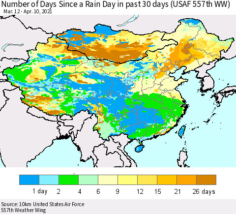 China, Mongolia and Taiwan Number of Days Since a Rain Day in past 30 days (USAF 557th WW) Thematic Map For 4/6/2021 - 4/10/2021