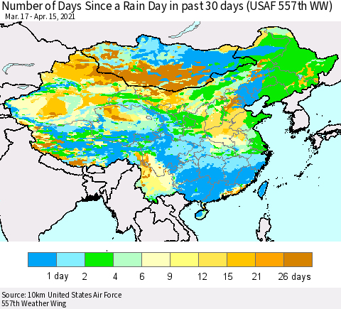 China, Mongolia and Taiwan Number of Days Since a Rain Day in past 30 days (USAF 557th WW) Thematic Map For 4/11/2021 - 4/15/2021