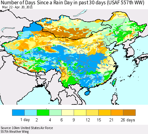 China, Mongolia and Taiwan Number of Days Since a Rain Day in past 30 days (USAF 557th WW) Thematic Map For 4/16/2021 - 4/20/2021
